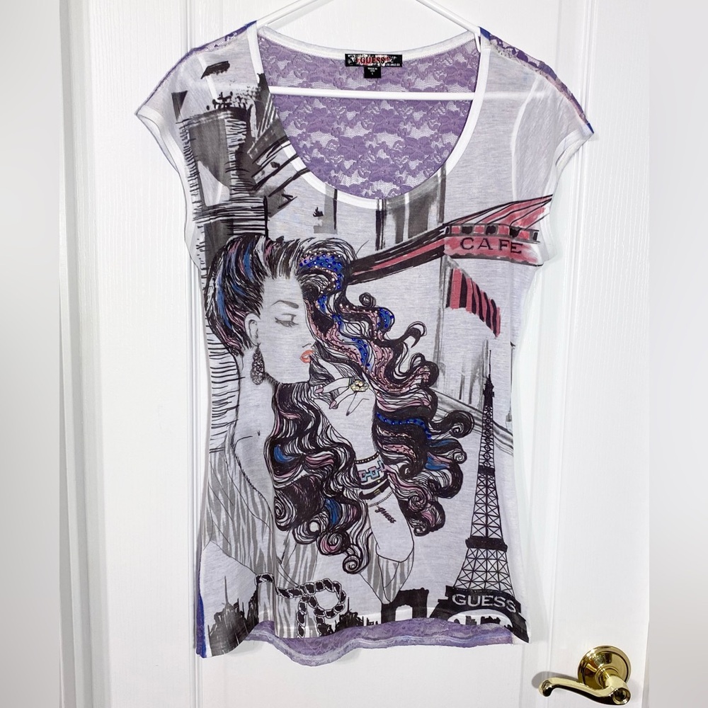 Y2K Guess Lace Back Rhinestone Paris Lady Graphic Tee USA MADE Blue White Large